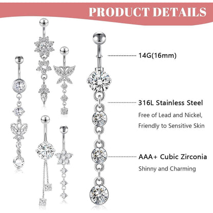 6er Set Bauchnabelpiercing Chirurgenstahl Zirkonia Silber
