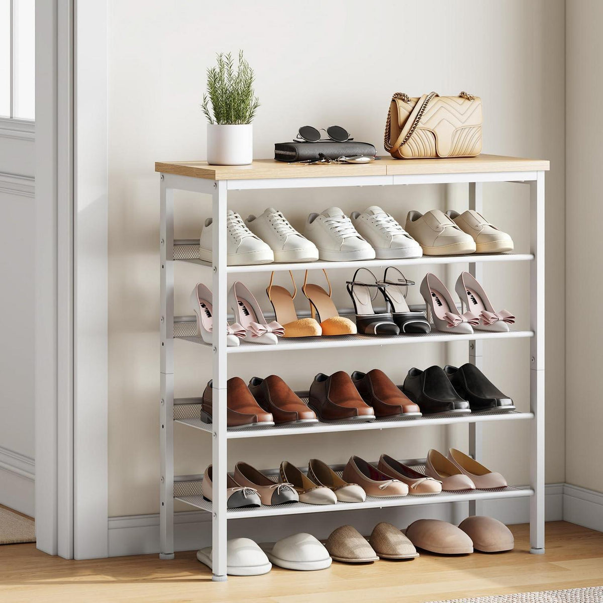 5-stöckiges Schuhregal weiß & Holz – Schuhschrank für 16-20 Paar