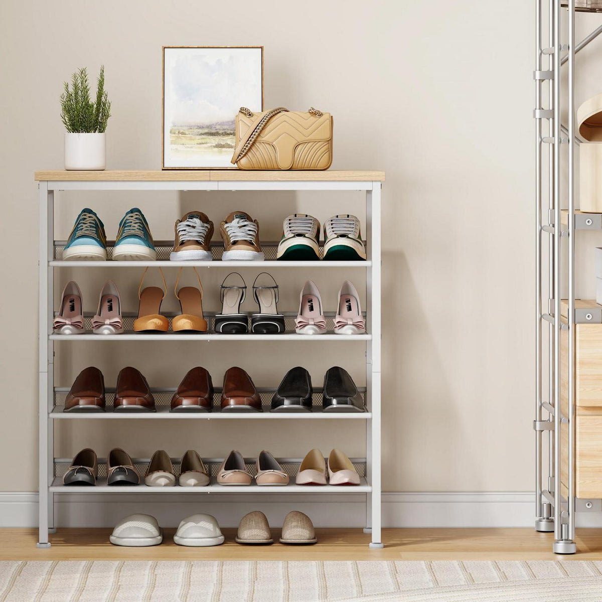 5-stöckiges Schuhregal weiß & Holz – Schuhschrank für 16-20 Paar