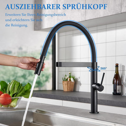 Niederdruck Küchenarmatur Schwarz Edelstahl Ausziehbar 360°