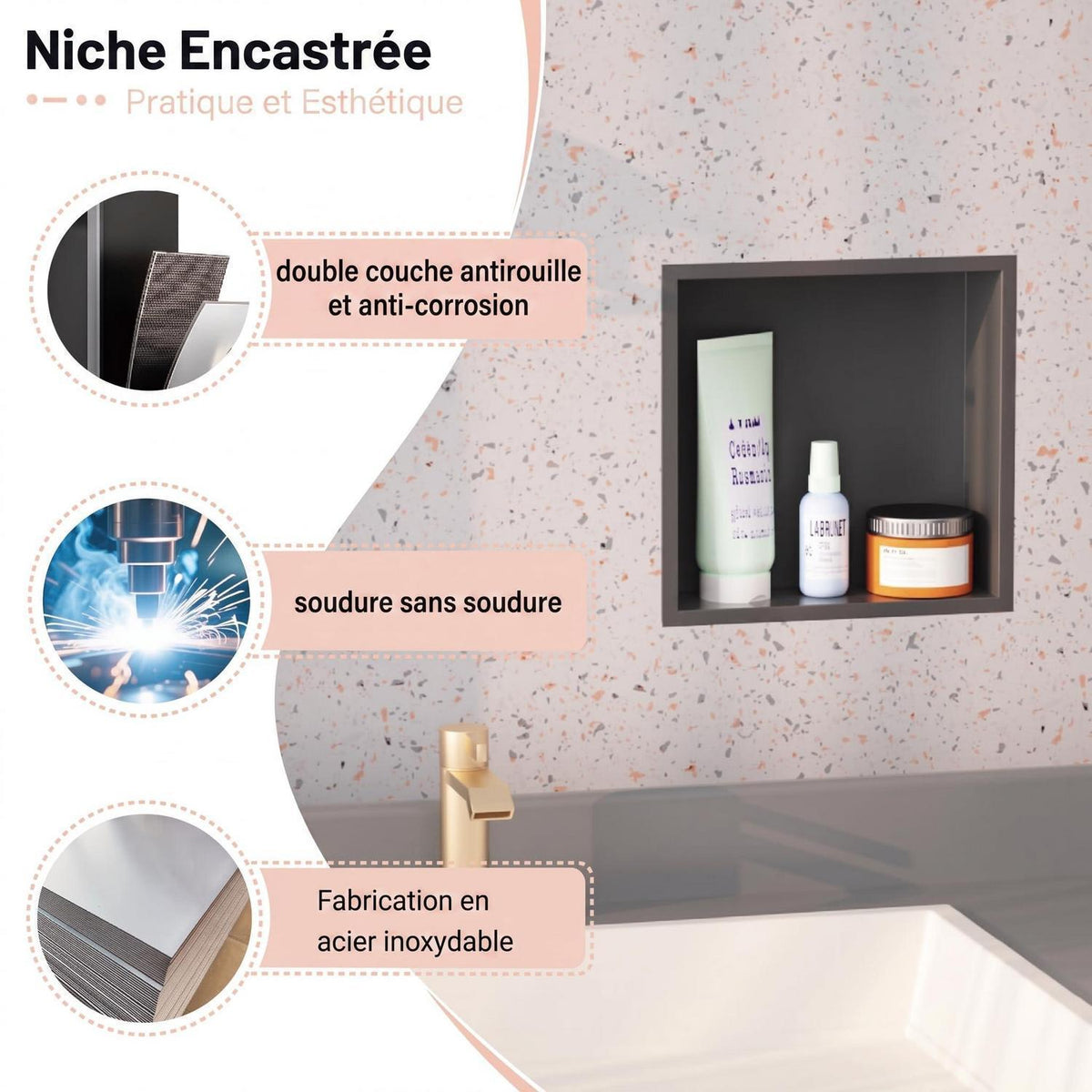 Wandmontierter Duschschrank Schwarz 30x30cm Edelstahl Duschablage