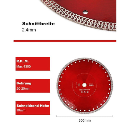 Diamanttrennscheibe Ø 350mm Nassschnitt für Fliesen, Stein, Beton