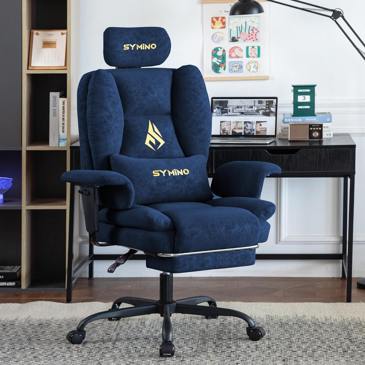 Gaming Stuhl mit Fußstütze, verstellbar, dunkelblau