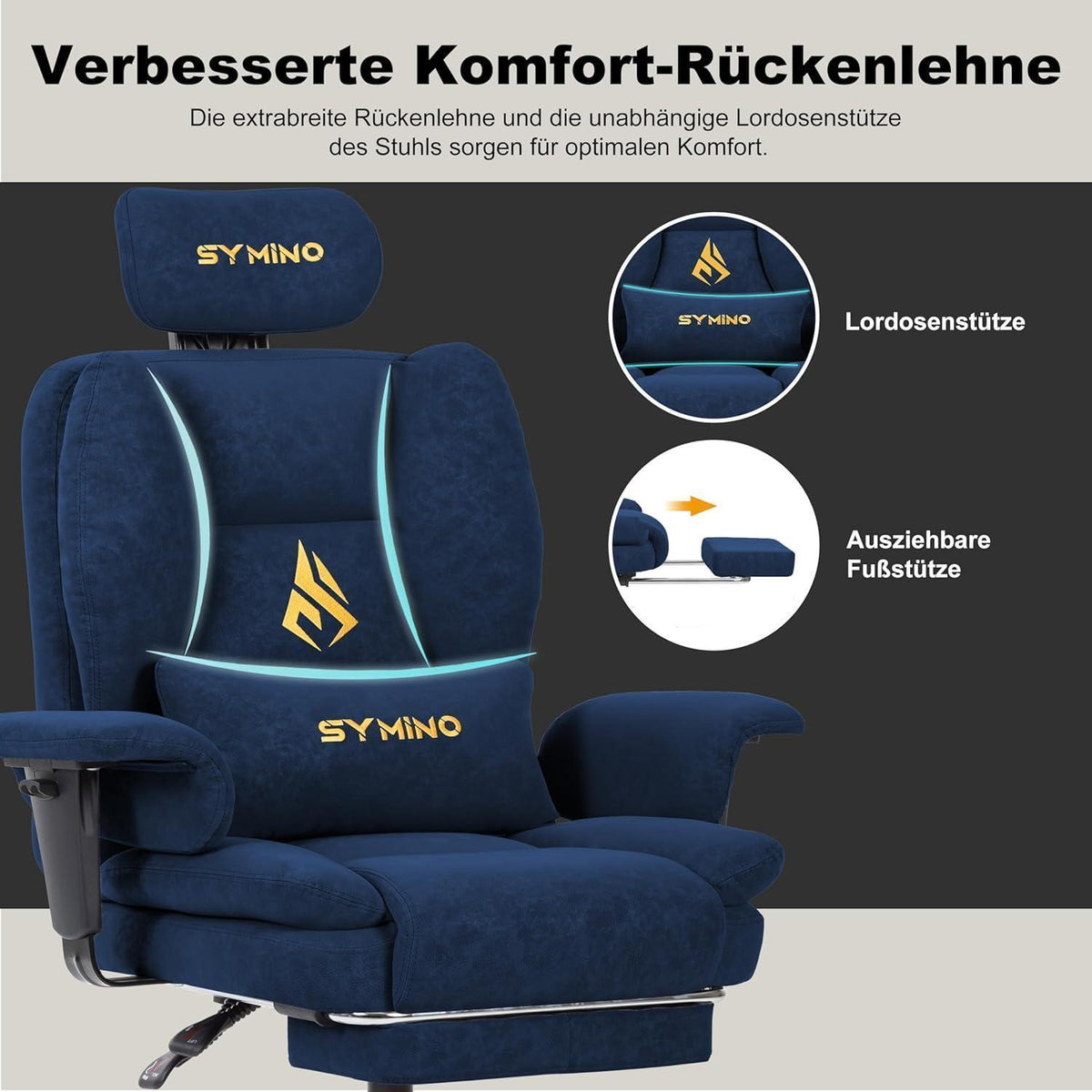 Gaming Stuhl mit Fußstütze, verstellbar, dunkelblau