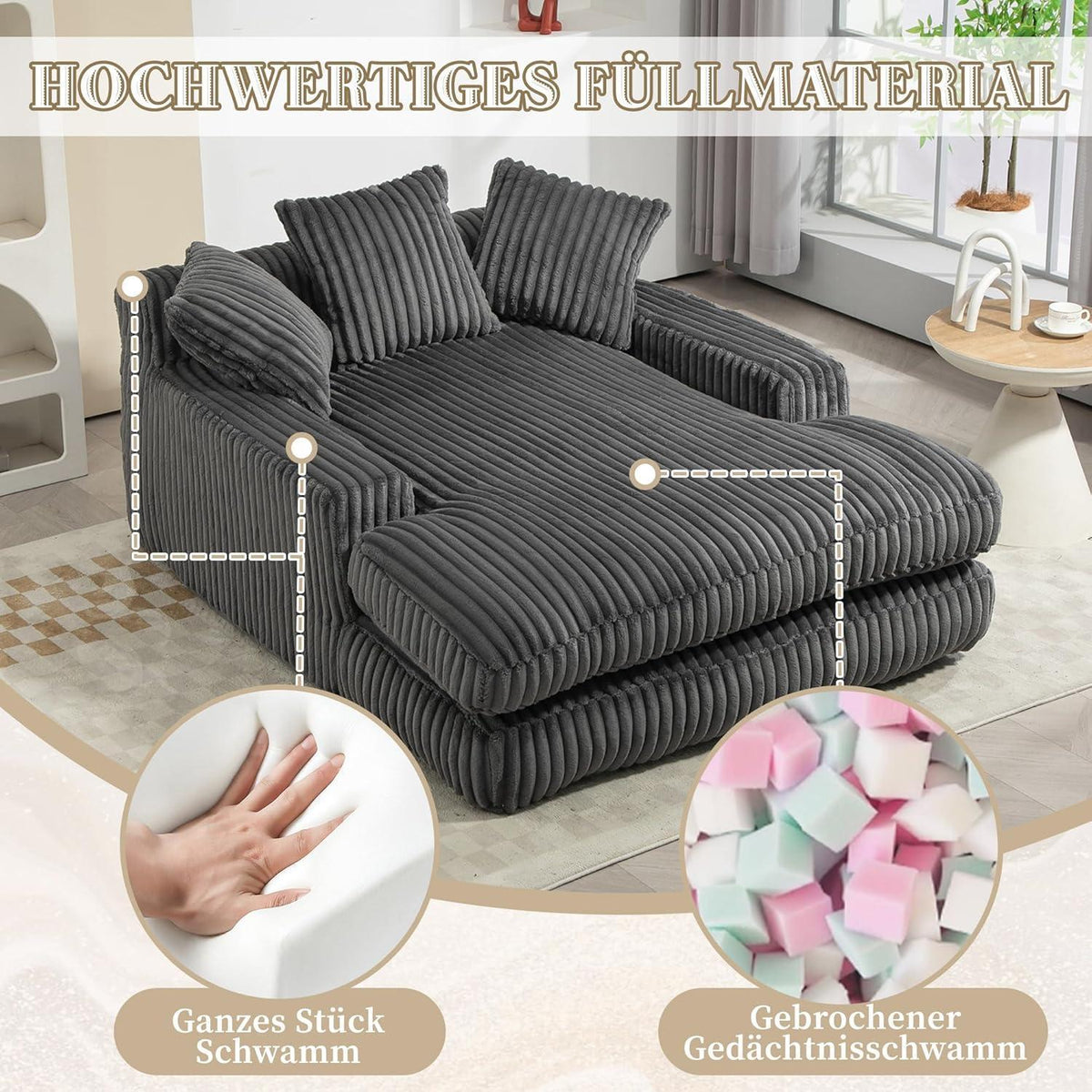 Bequemes Cord-Schlafsofa mit Kissen – Modernes Wohnzimmer Sofa