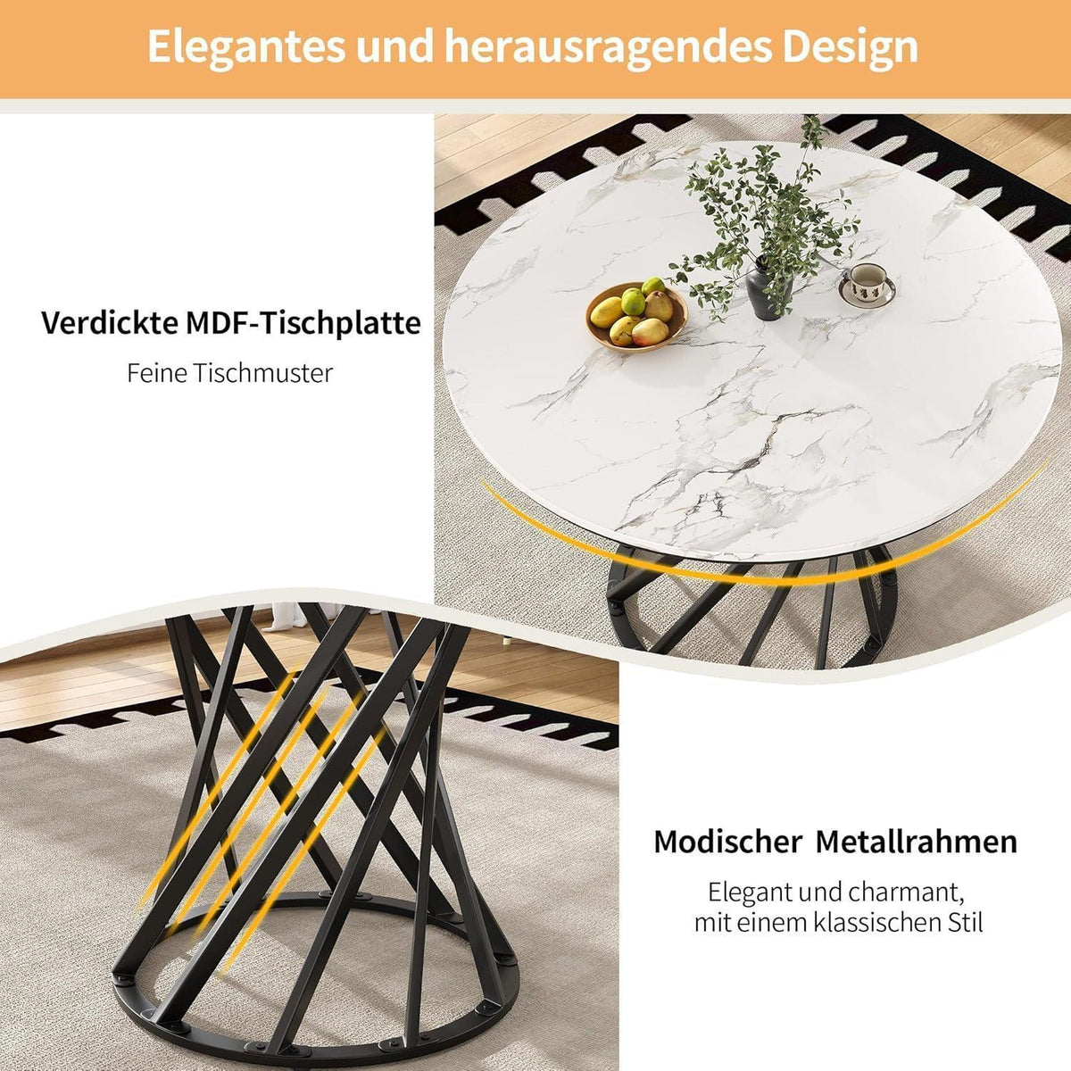 Runder Esstisch Weiß Marmor Optik 80x80cm Modern