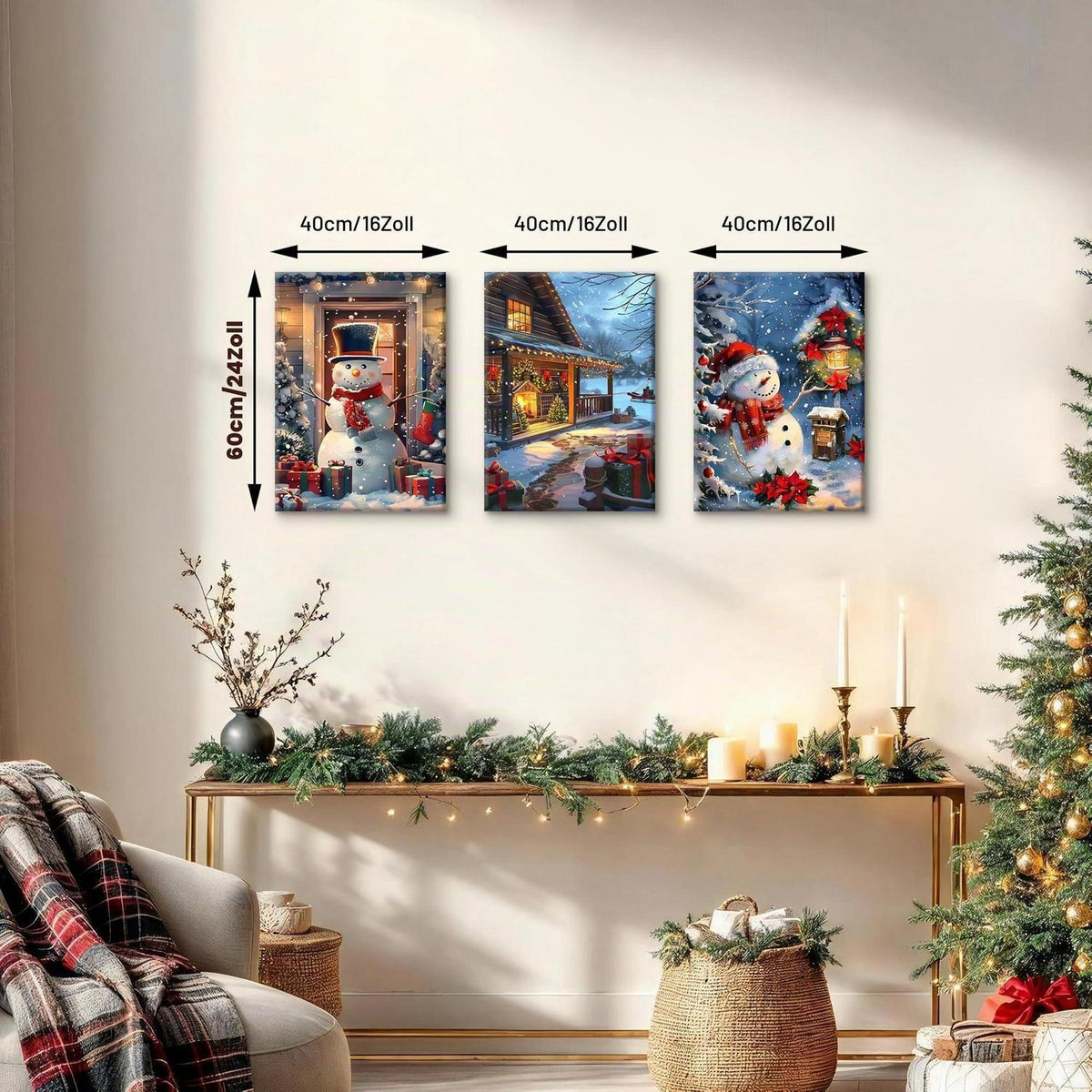 FajerminArt 3Pcs Leinwandbilder Winter Schnee Szene mit Rahmen 40x60cmx3 Rot Schneemann Hütten Beleuchtung Nachtlandschaft Wandkunst Deko Wohnzimmer