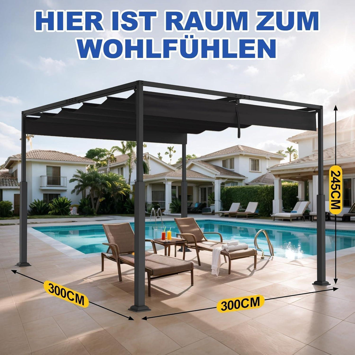 Verstellbare Pergola 3x3m – Terrassenüberdachung Stahl & Polyester