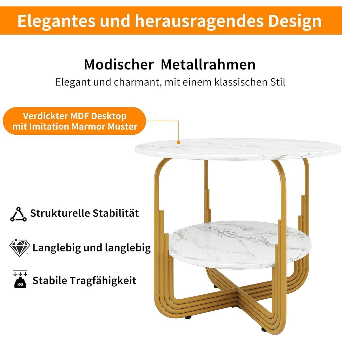 Runder Esstisch Weiß 80x80cm | Marmor Optik & Stauraum