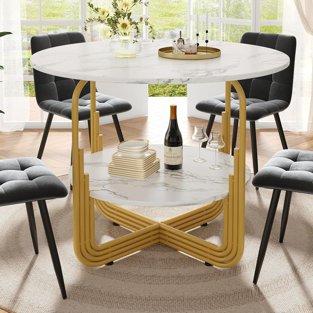 Runder Esstisch Weiß 80x80cm | Marmor Optik & Stauraum