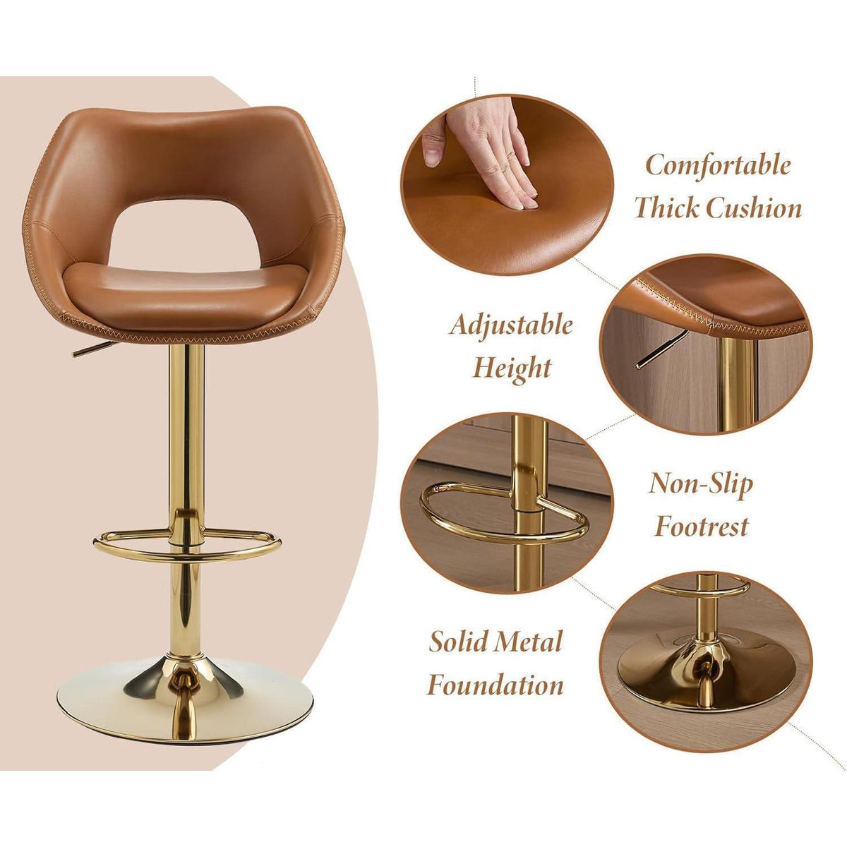 Barhocker Set 2x Höhenverstellbar, Braun-Gold