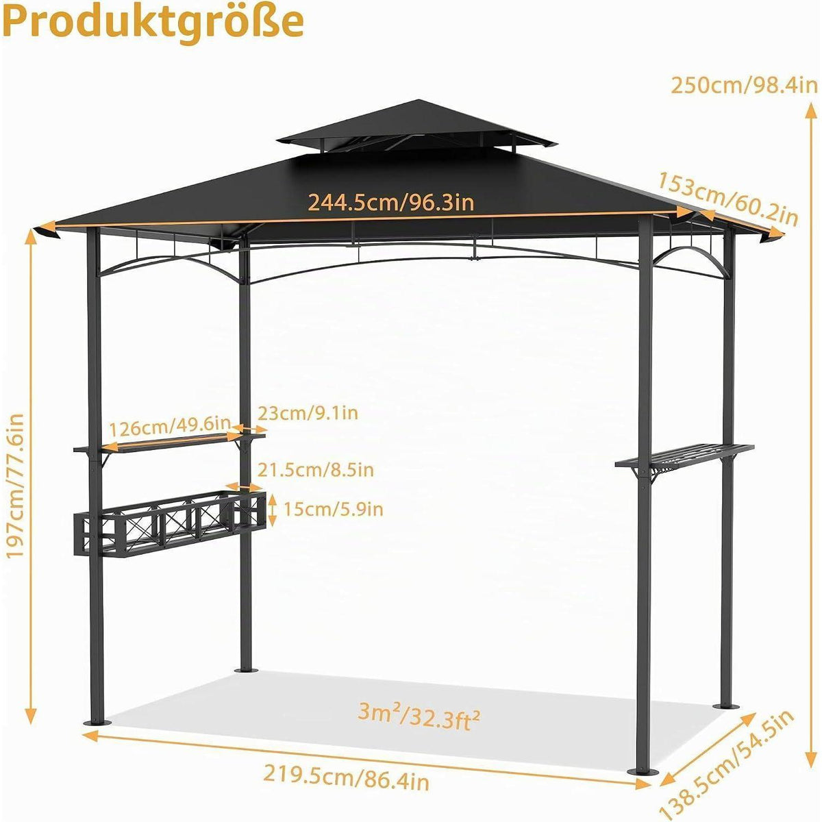 Grillpavillon 244x138 cm mit Bartresen & UV-Schutz Schwarz