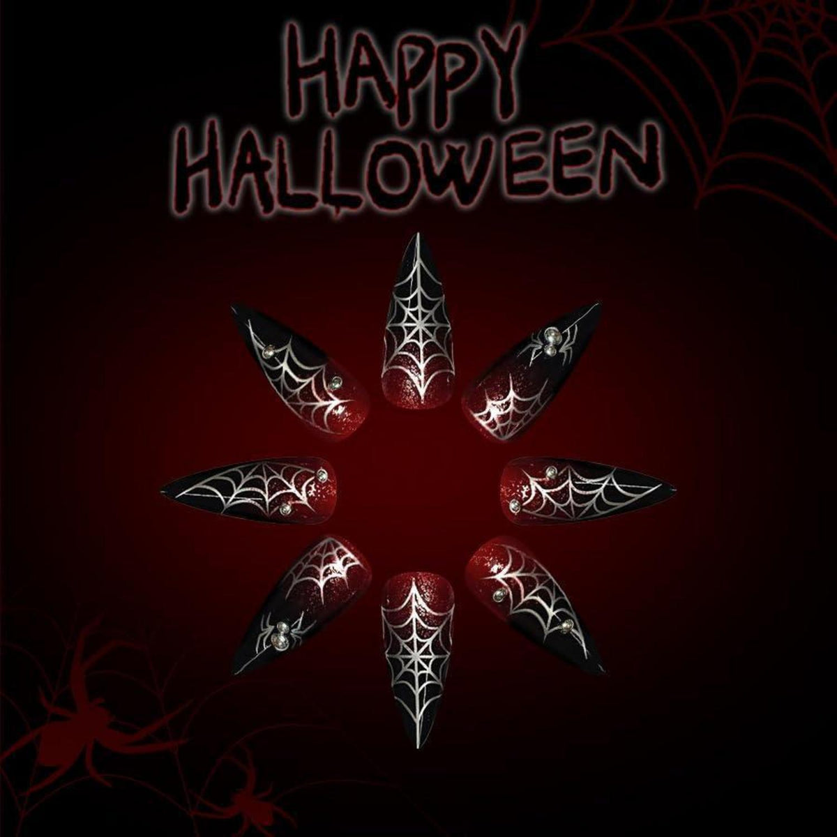 Halloween Stiletto Nägel Rot Schwarz Spinnennetz 3D Gothic
