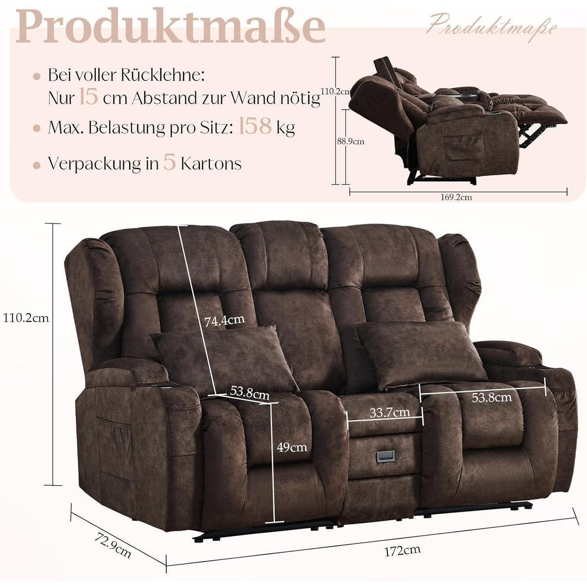 2-Sitzer Relaxsessel mit Liegefunktion & Kinosofa Braun