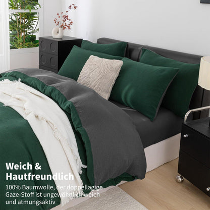 Doppelte Muslin Bettwäsche 200x200 Dunkelgrün Grau – 3-teilig