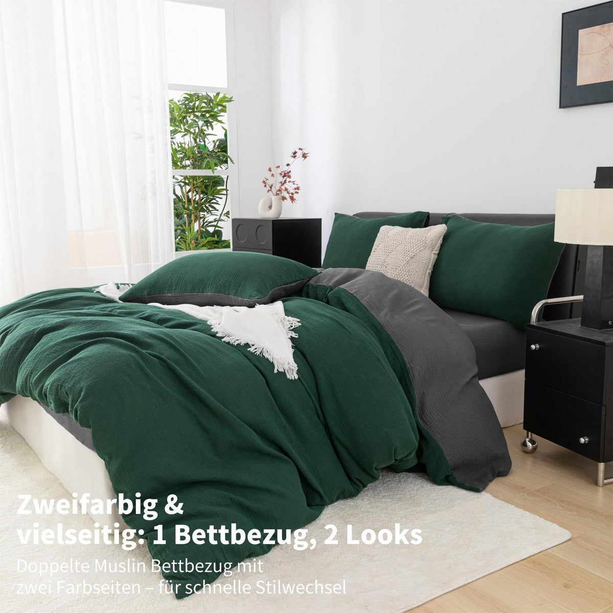 Doppelte Muslin Bettwäsche Dunkelgrün Grau 155x220 cm