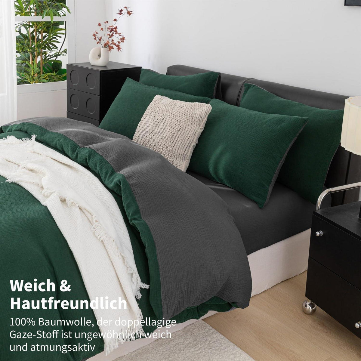 Doppelte Muslin Bettwäsche 200x220 Dunkelgrün Grau – 3-teilig