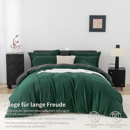 Doppelte Muslin Bettwäsche 200x220 Dunkelgrün Grau – 3-teilig