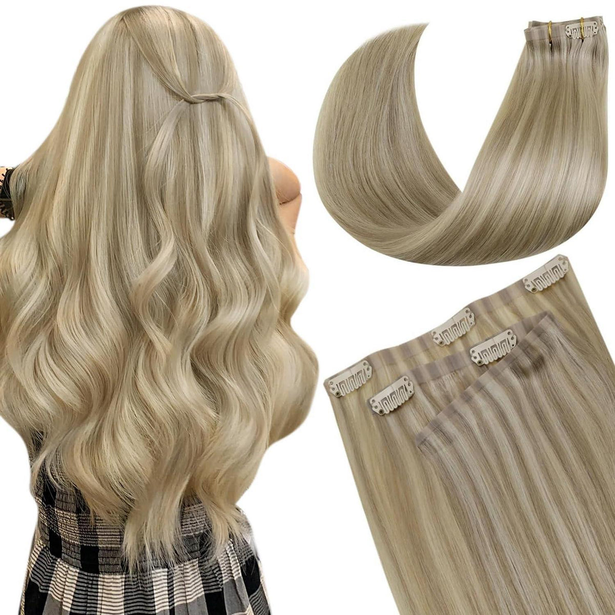 Echthaar Clip-Ins Blonde Highlights 45cm - Natürliche Haarverlängerung