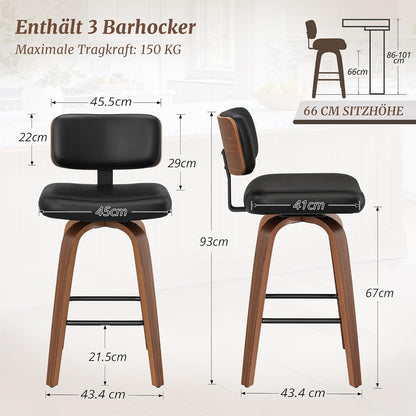 Drehbarer Barhocker 3er Set mit Lehne – Schwarz