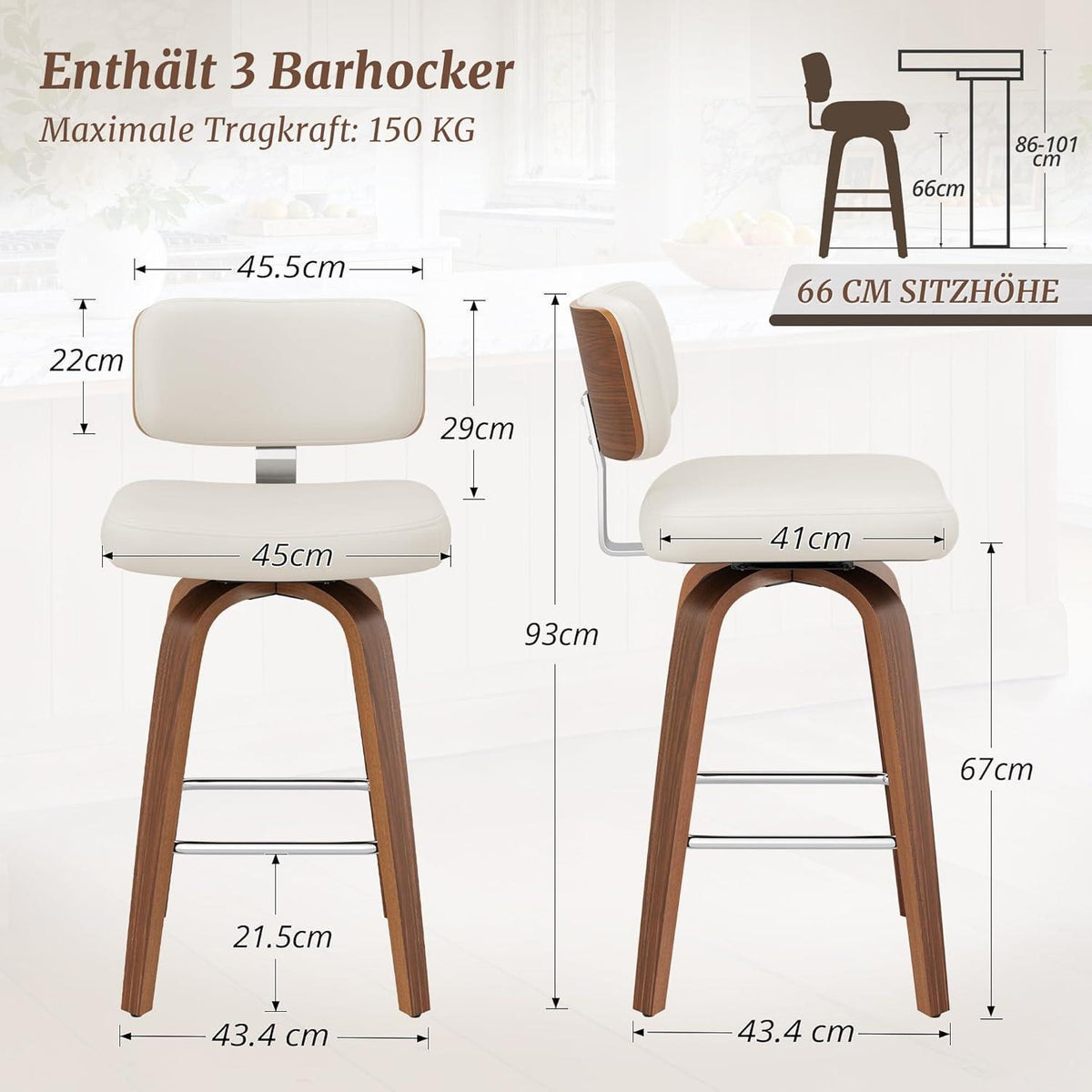 Drehbarer Barhocker 3er Set – Weiß, 67cm Höhe