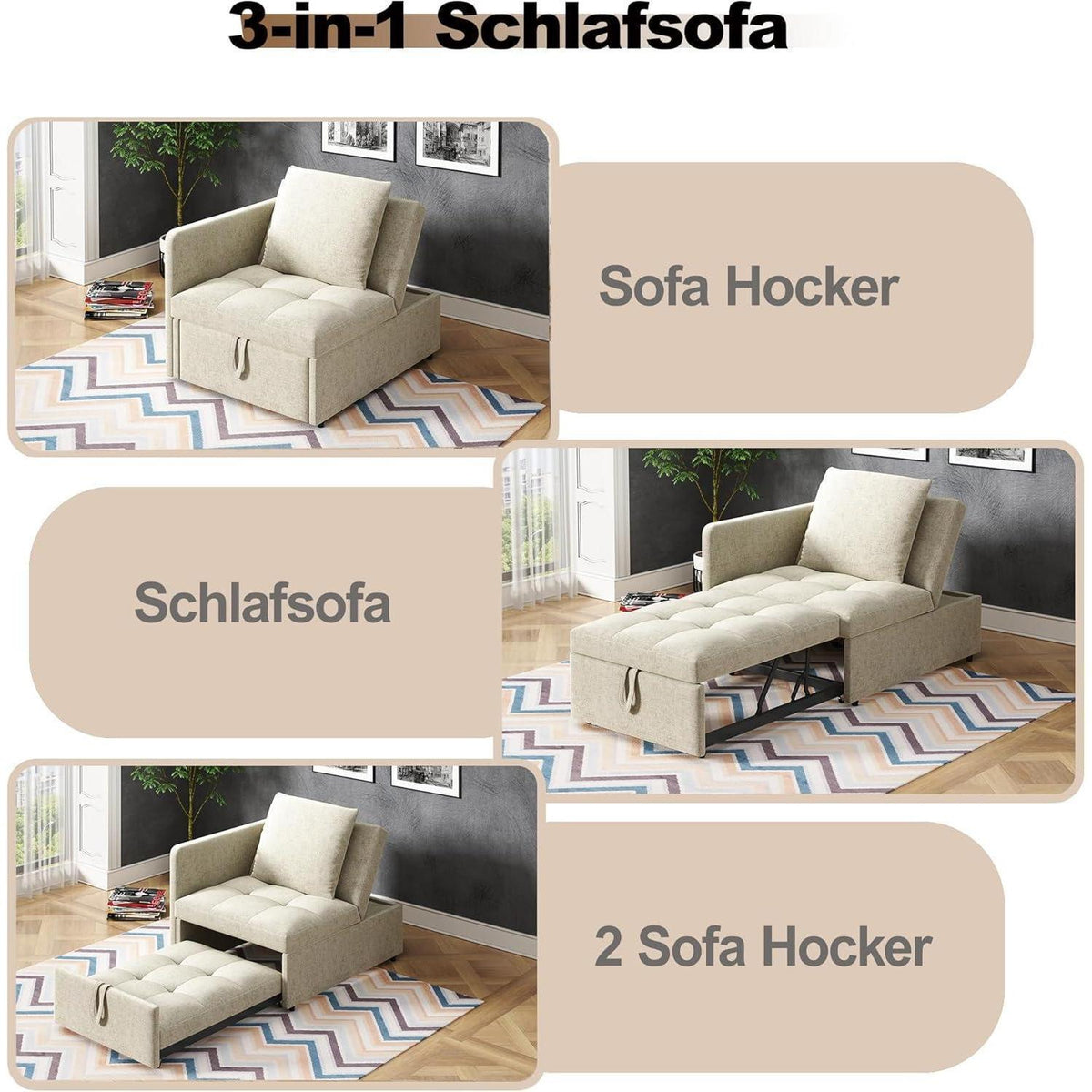 Schlafsofa Klein – 3-in-1 Schlafsessel mit Bettfunktion (Beige)