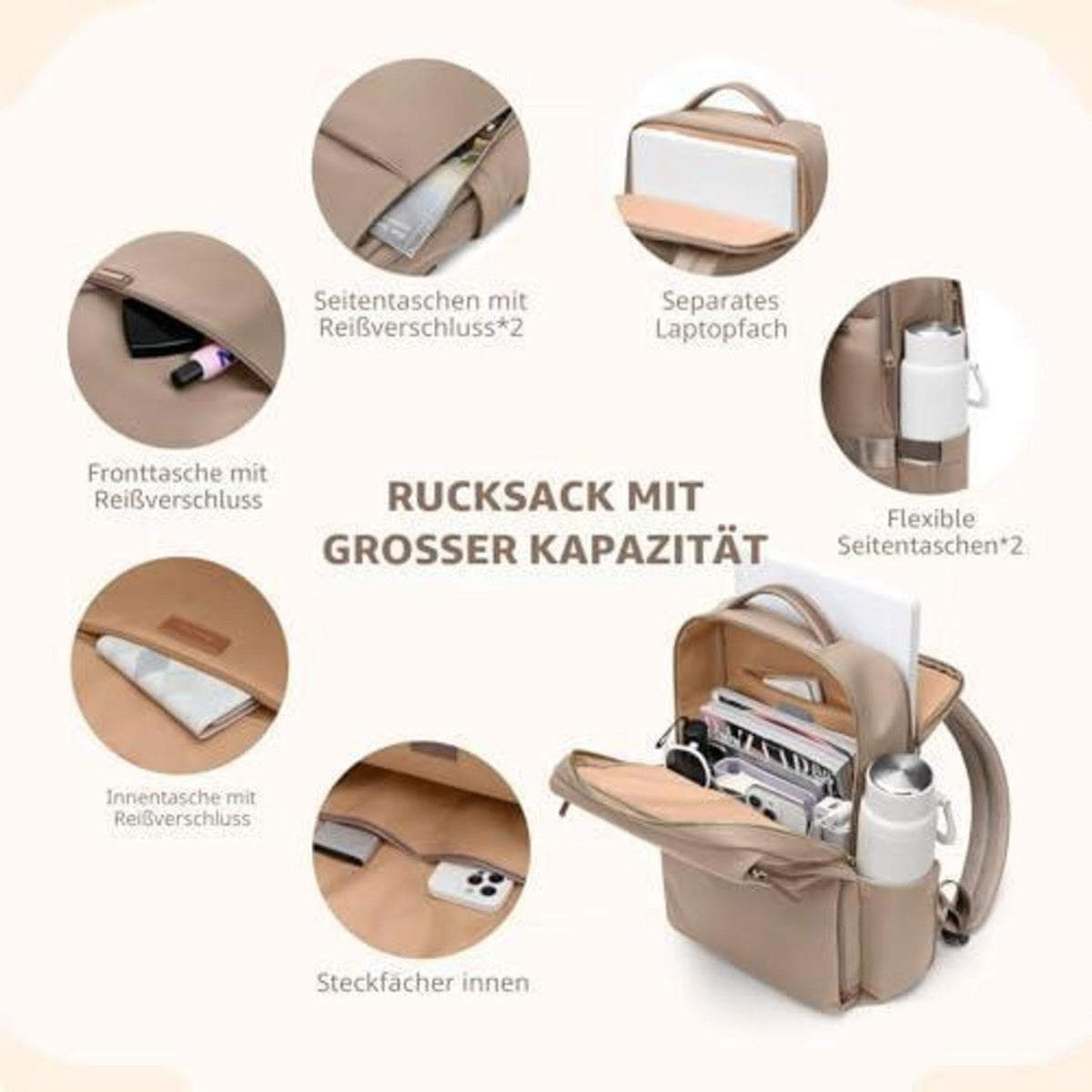 Laptop Rucksack Damen 16 Zoll – Wasserdicht, Braun, Business & Reise