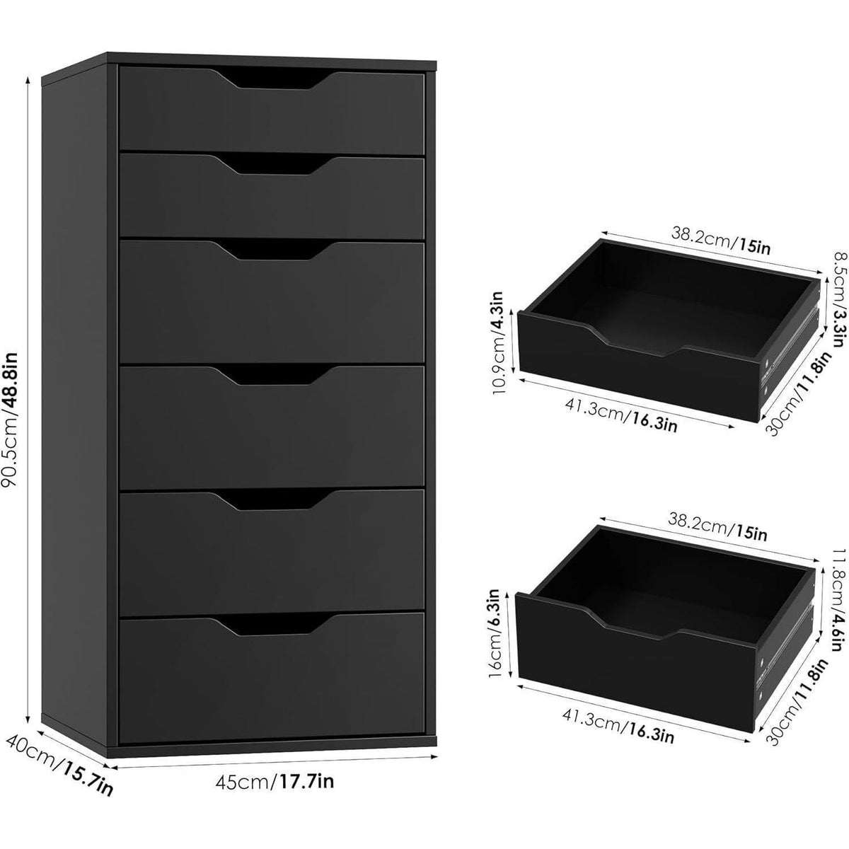 Schmale Kommode mit 6 Schubladen – Schwarz, 45x40x90,5 cm