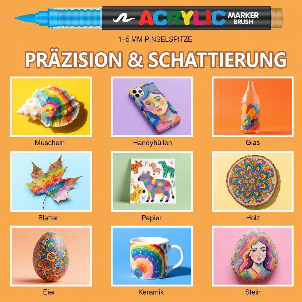 Acrylstifte Set 168 Farben – Pinselspitze für Steine, Glas & mehr