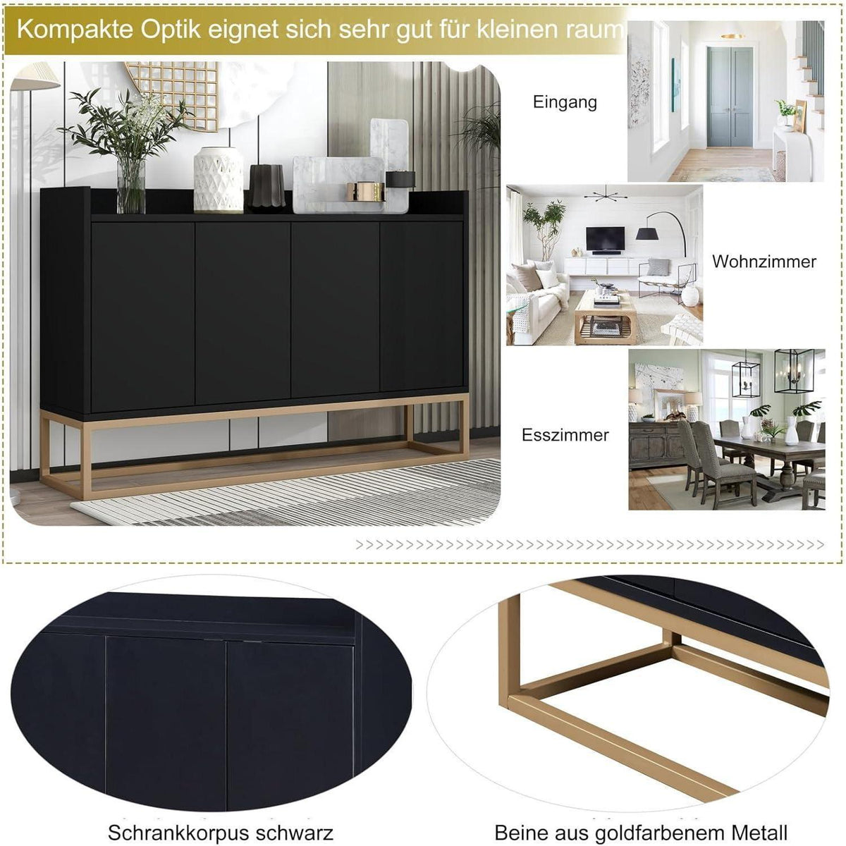 Sideboard mit 4 Türen & Metallbeinen – Schwarz, 120x30x80 cm
