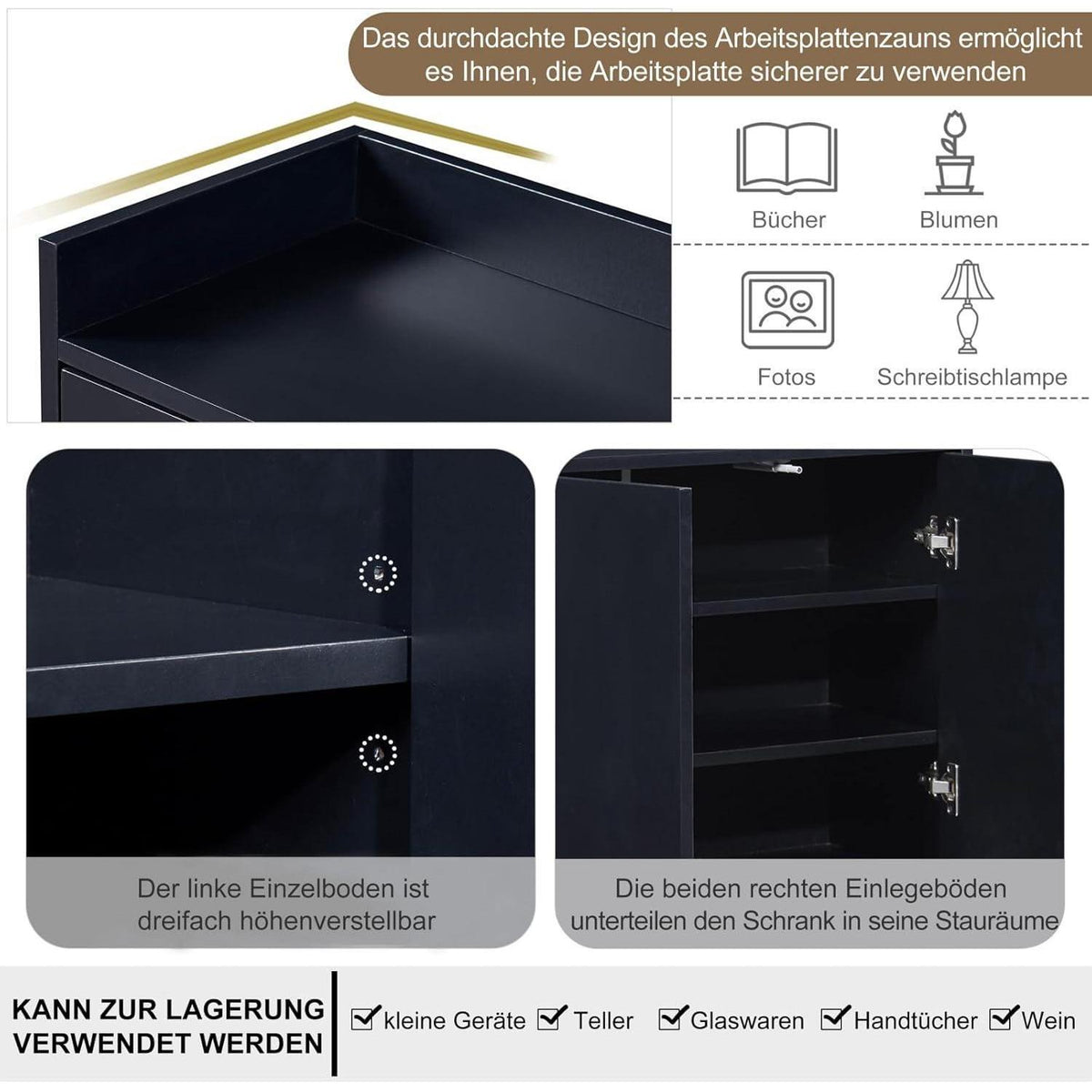 Sideboard mit 4 Türen & Metallbeinen – Schwarz, 120x30x80 cm