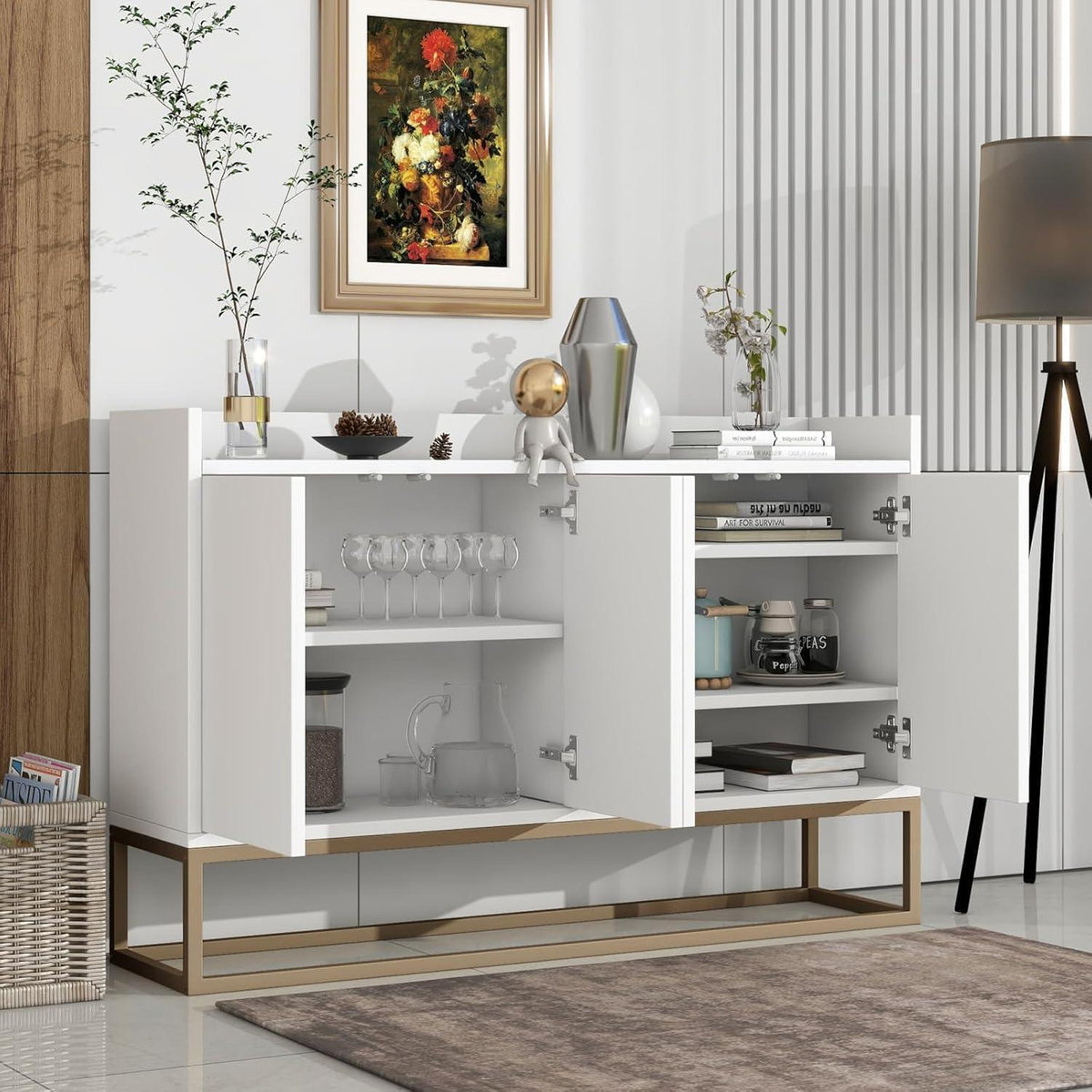 Weißes Sideboard mit 4 Türen & Metallbeinen – 120x30x80 cm
