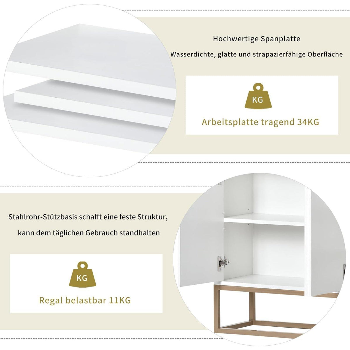 Weißes Sideboard mit 4 Türen & Metallbeinen – 120x30x80 cm