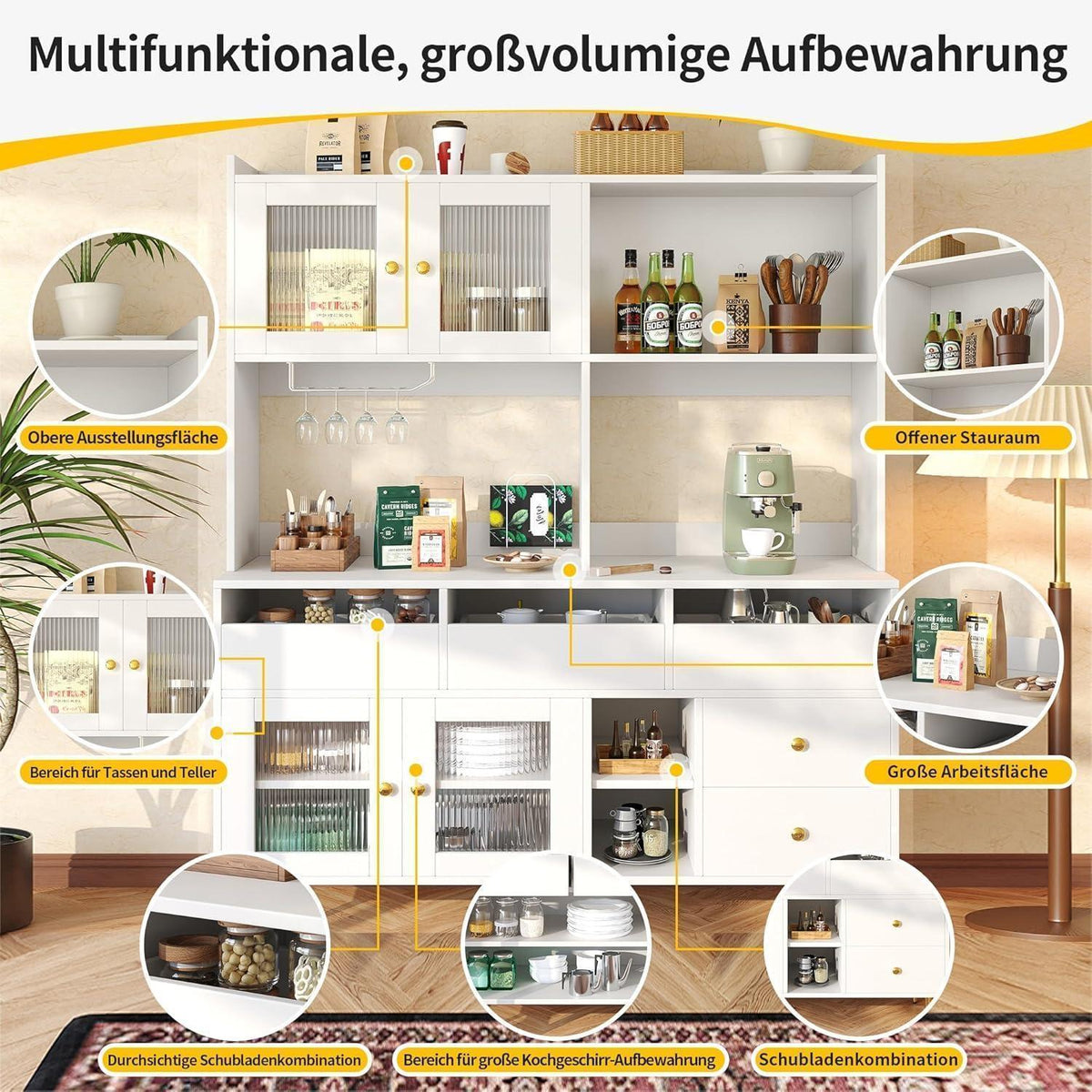 Hochschrank mit Glastür & Weinregal – Weiß mit Gold | 145x39x171cm