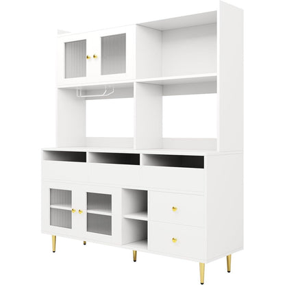 Hochschrank mit Glastür & Weinregal – Weiß mit Gold | 145x39x171cm