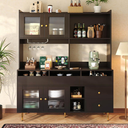 Hochschrank mit Glastür & Weinregal – Schwarz mit Gold | 145x39x171cm