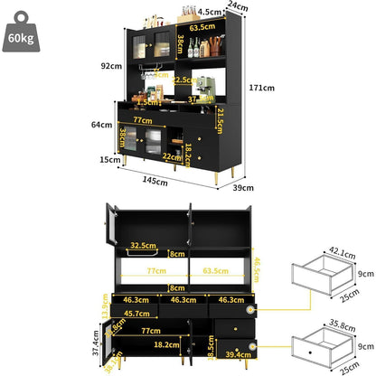 Hochschrank mit Glastür & Weinregal – Schwarz mit Gold | 145x39x171cm