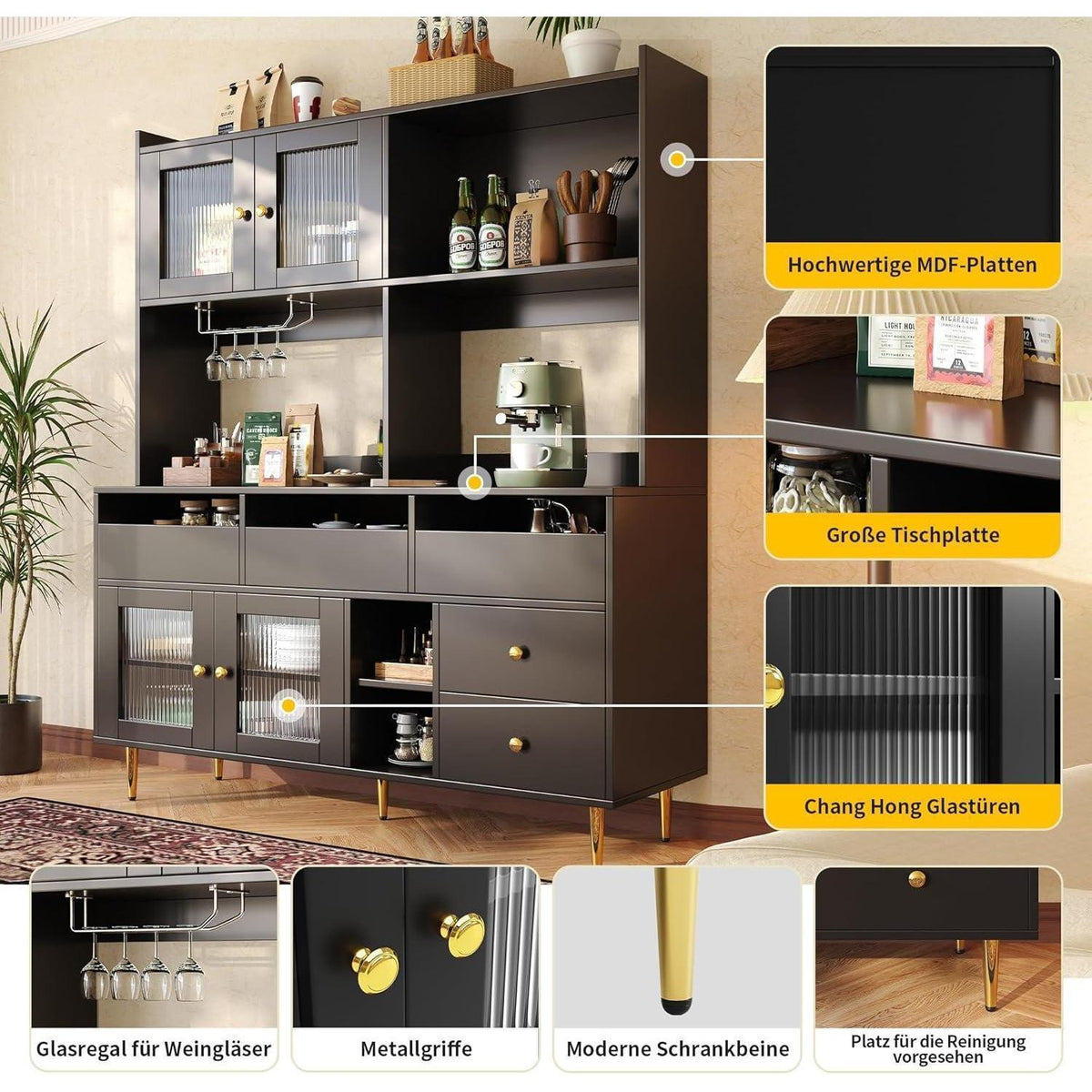 Hochschrank mit Glastür & Weinregal – Schwarz mit Gold | 145x39x171cm