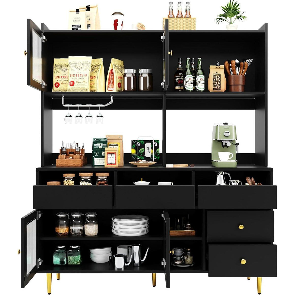 Hochschrank mit Glastür & Weinregal – Schwarz mit Gold | 145x39x171cm