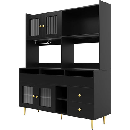 Hochschrank mit Glastür & Weinregal – Schwarz mit Gold | 145x39x171cm