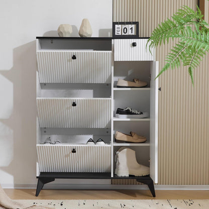 Schmaler Schuhschrank mit Klappen & Schublade – Weiß