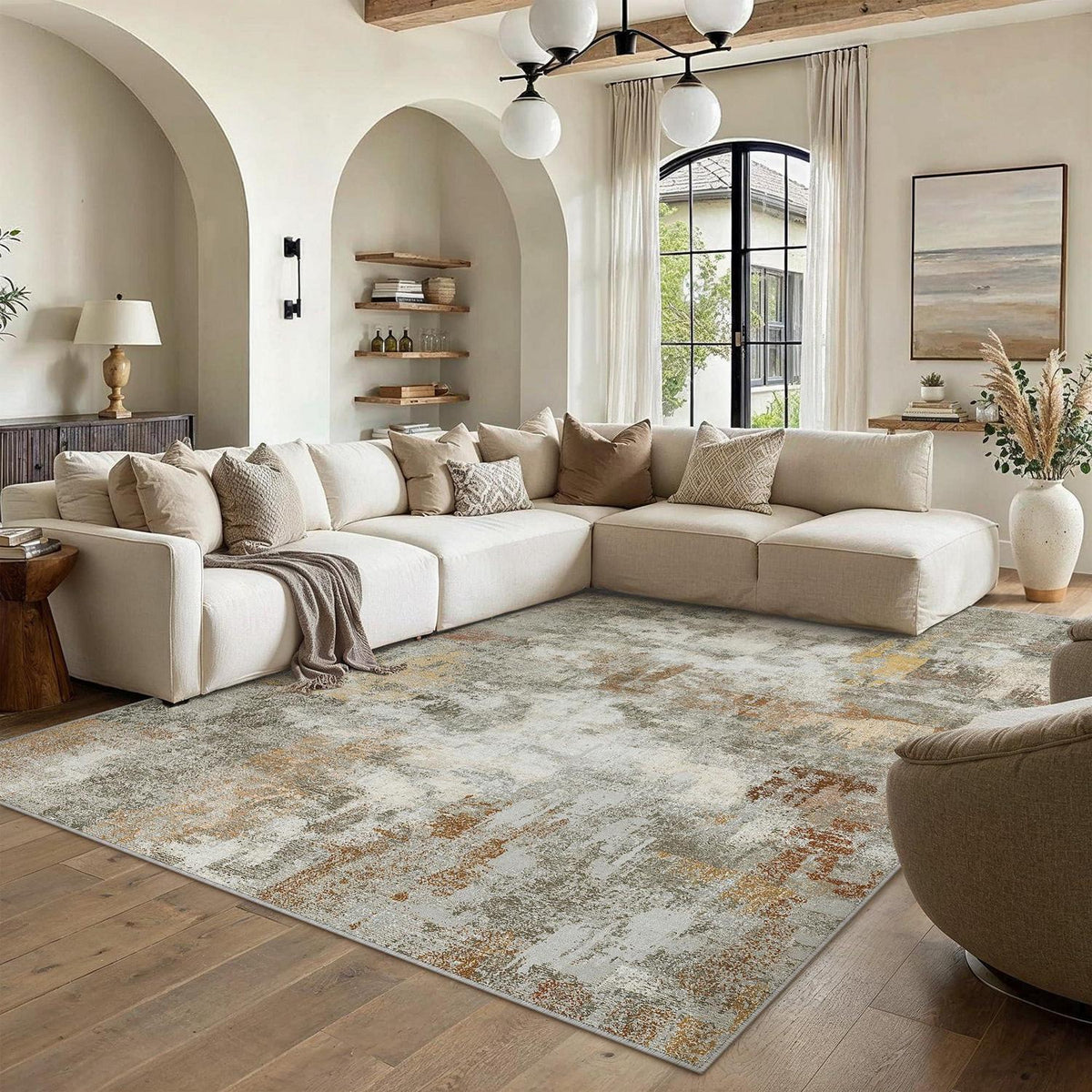 Abstraktes Wohnzimmer Teppich 200x300cm – Rutschfest, Waschbar, Orange-Grau