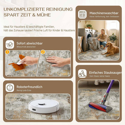 Abstraktes Wohnzimmer Teppich 200x300cm – Rutschfest, Waschbar, Orange-Grau