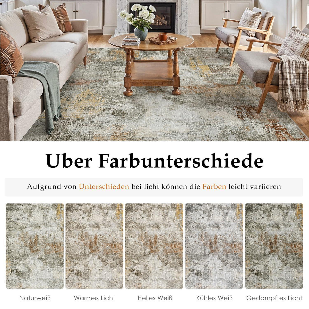 Abstraktes Wohnzimmer Teppich 200x300cm – Rutschfest, Waschbar, Orange-Grau
