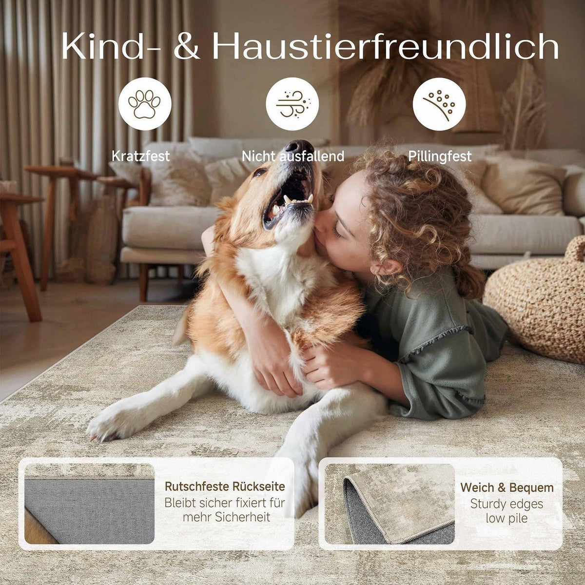Beiger Wohnzimmerteppich 160x230cm – Rutschfest & Waschbar