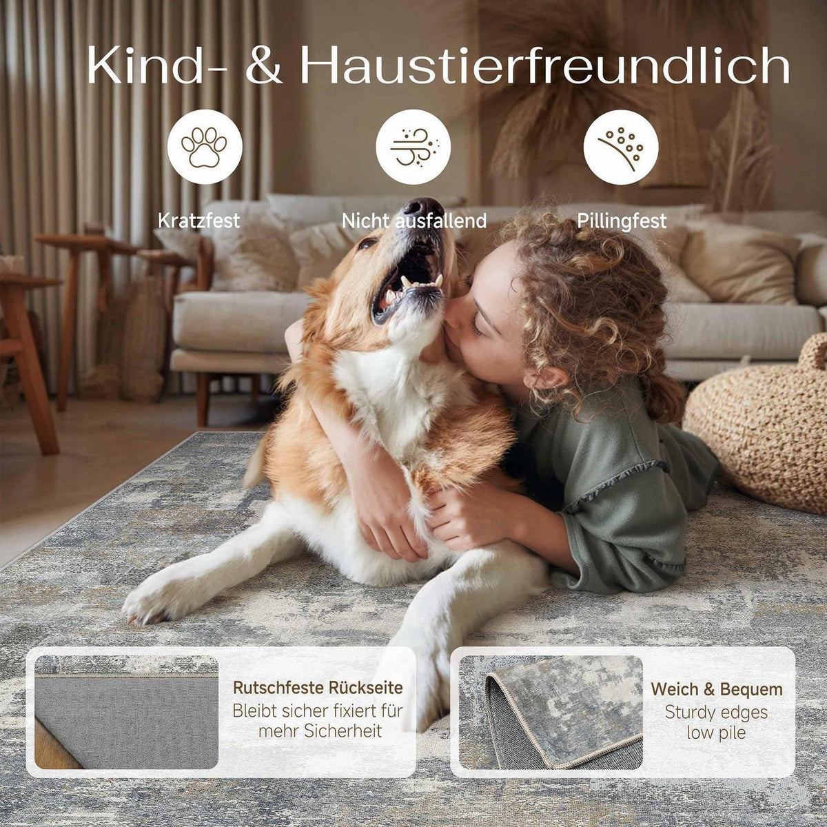 Abstraktes Wohnzimmer Teppich Blau-Grau 200x300cm Rutschfest Kurzflor