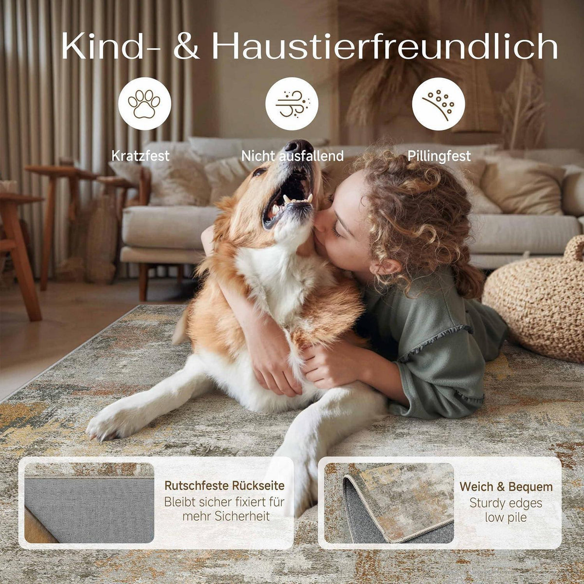 Abstraktes Wohnzimmer Teppich 160x230cm – Rutschfest, Waschbar, Orange-Grau