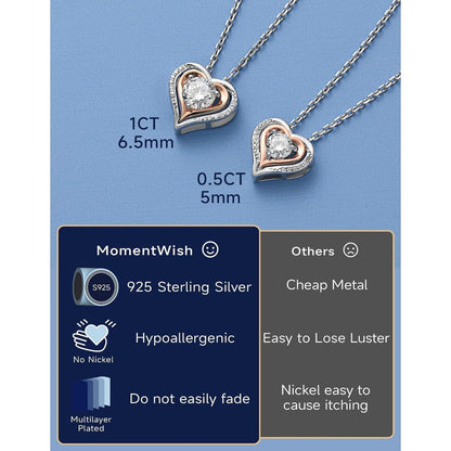 MomentWish Halskette Herz 925 Silber Moissanit 0,5 Karat Rosegold Geschenk