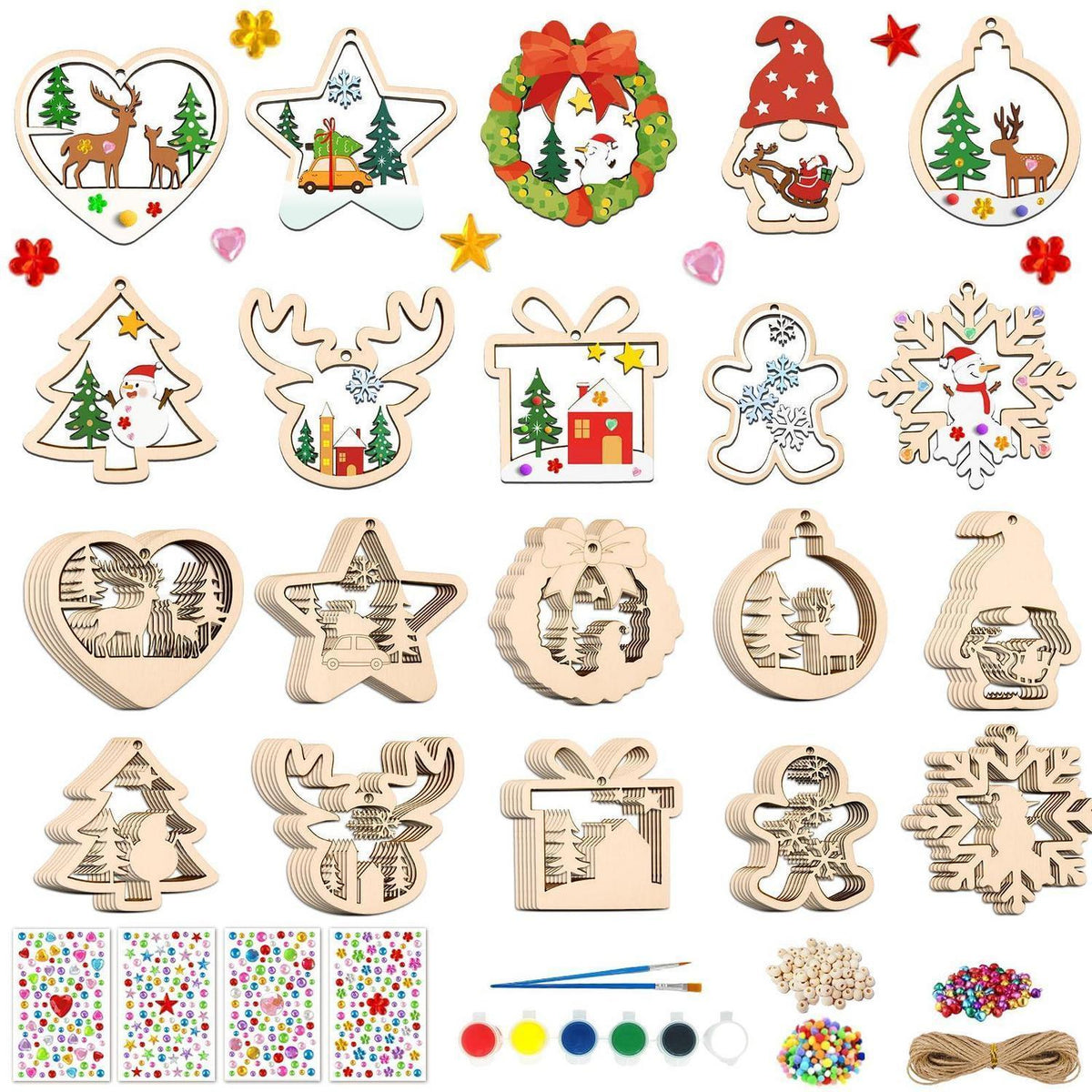 Weihnachts Bastelset Kinder – 60 Holzanhänger mit Zubehör