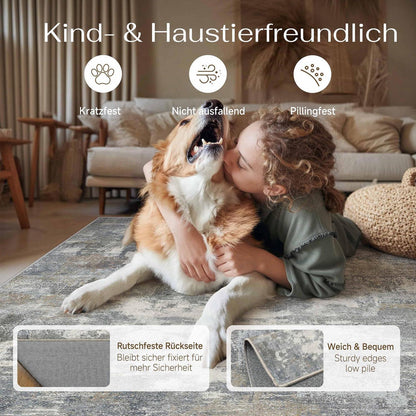 Abstraktes Wohnzimmer Teppich Blau-Grau 240x300 cm Waschbar